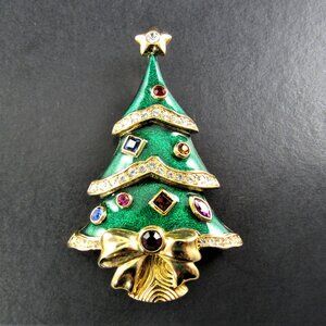 VTG Signed FM Franklin Mint Brooch Pin CHRISTMAS TREE Multi-Color Rhinestones